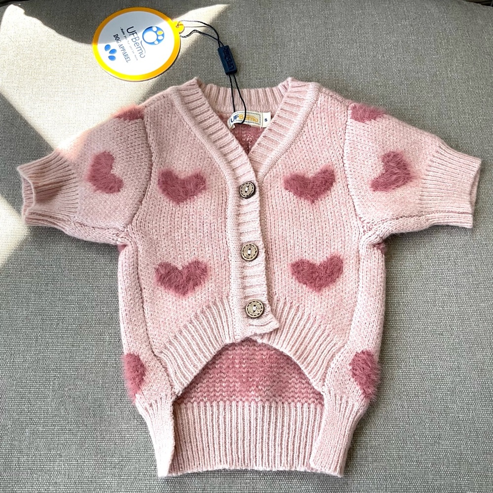 Pet Sweater Pink Cardigan with Fuzzy Hearts Medium